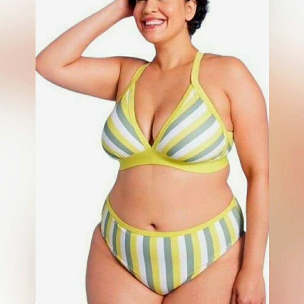 Kona Sol (NWT) Yellow/Grey/White Striped Tie Back Bikini Size 2X